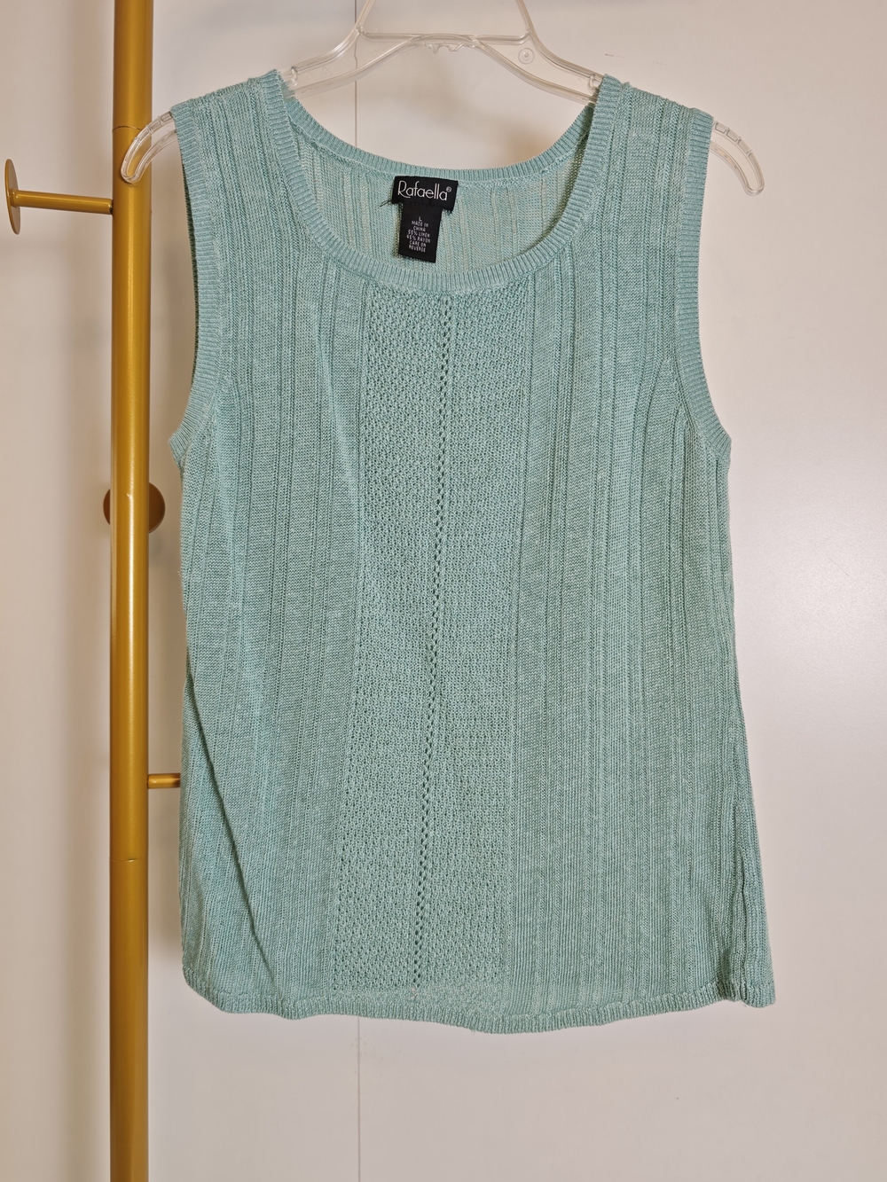 Vintage 90s Cottage Mint Green Linen Blend Sleeveless Knit Top Sz L